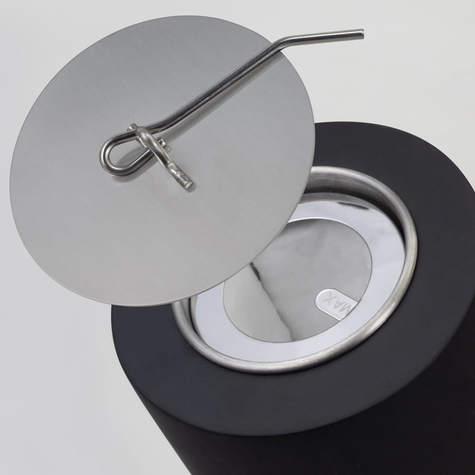 A sleek, black drink bottle with a stainless steel lid and a curved straw attachment.
