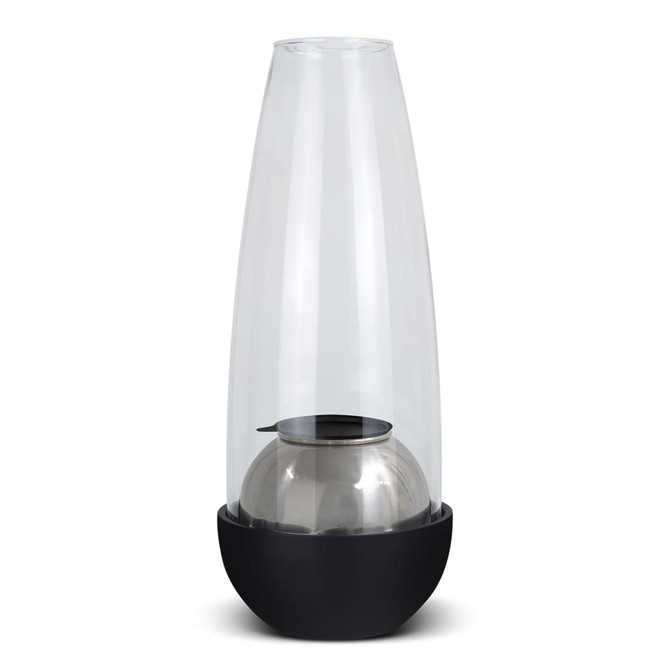 A glass and black burner with a sleek, modern design and a metallic base, ideal for home décor.