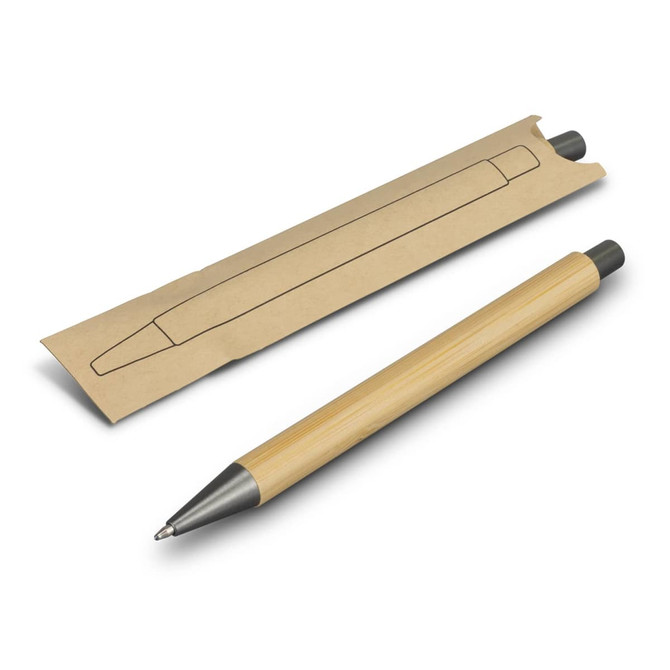 A bamboo pen with a silver tip, displayed next to its cardboard packaging featuring a simple design.