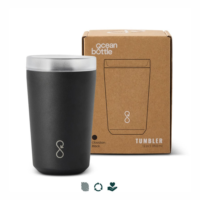 A drink bottle in obsidian black with a logo, accompanied by a cardboard box. The tumbler holds 12 oz (350 ml).