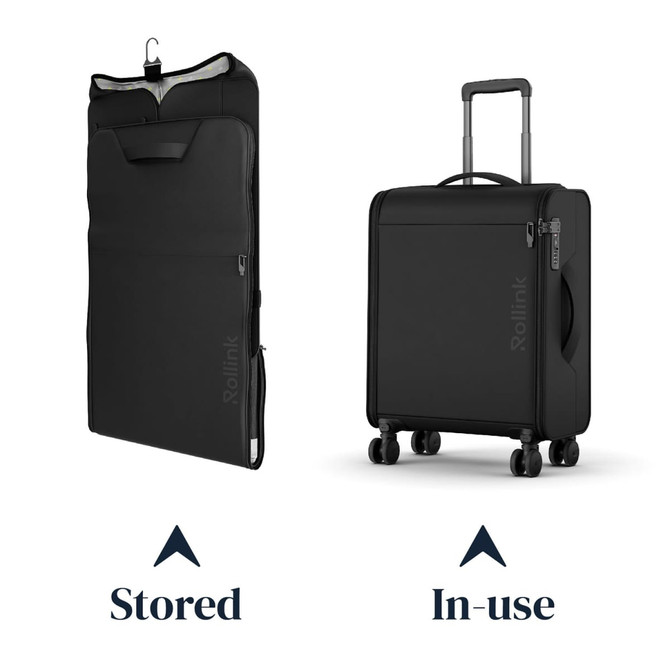 A black Rollink Futo carry-on suitcase displayed in stored and in-use positions, featuring wheels and a handle.