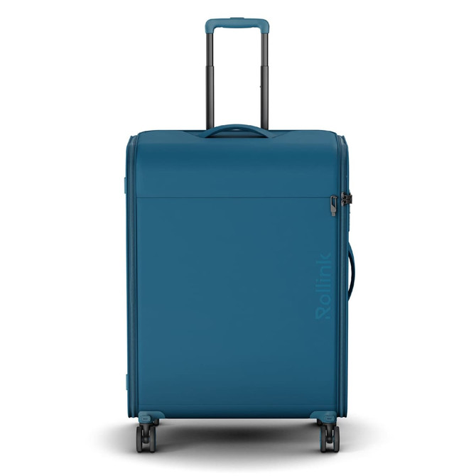 A large teal wheeled suitcase with a retractable handle and logo on the side.