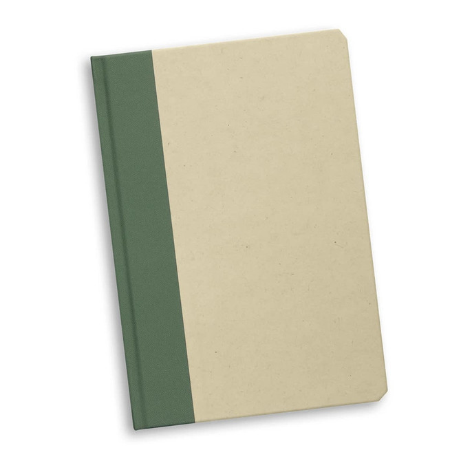 A notebook featuring a cream cover with a green spine. It includes a logo on the front.