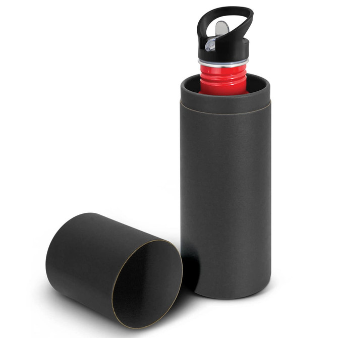 A drink bottle in black with a red lid, placed within a matching cylindrical container. It features a logo.