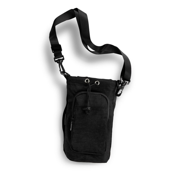A drink bottle bag in black with a shoulder strap, featuring a front pocket and drawstring closure.