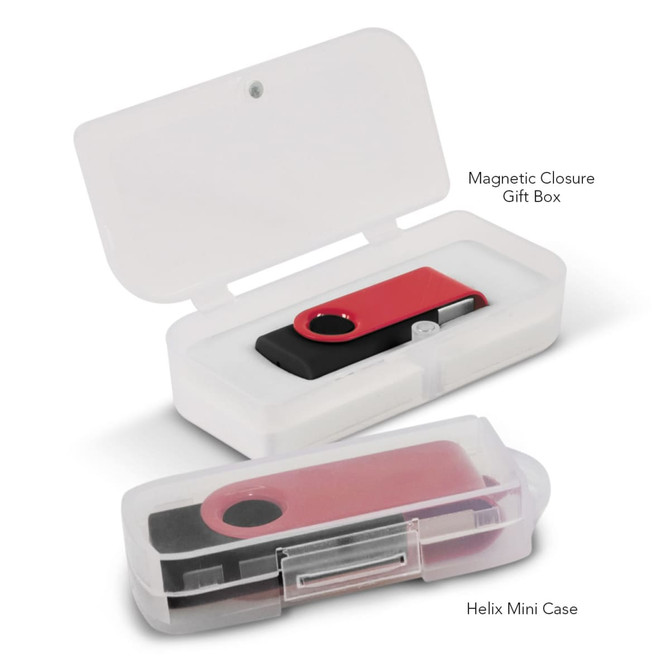 A red and black Helix 4GB Mix & Match Flash Drive in a clear case, inside a magnetic closure gift box.