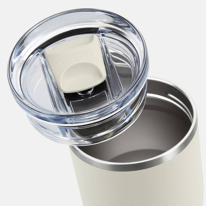 A drink bottle with a stainless steel body, featuring a clear lid and a white push button. It has a sleek design.