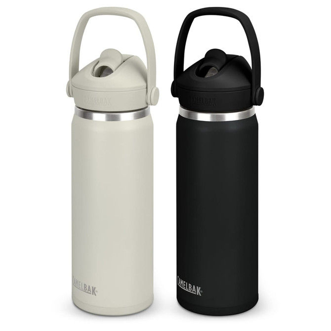 A drink bottle set featuring a light beige and a black colour option, both with a flip straw and carry handle.