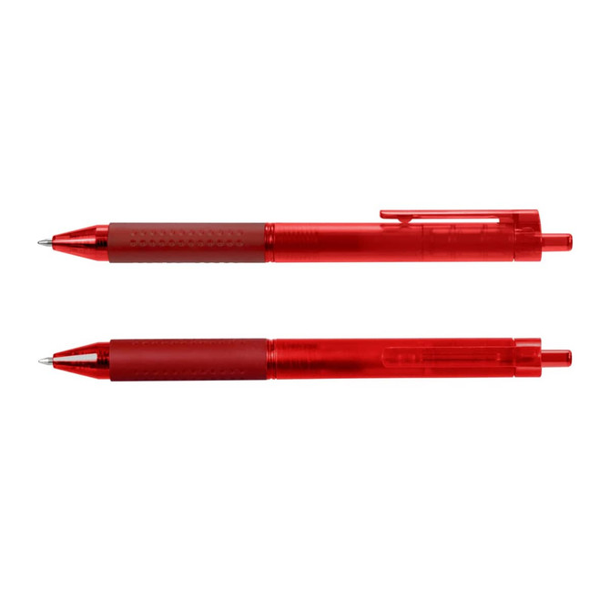 A set of two red gel pens with a transparent barrel and textured grip.