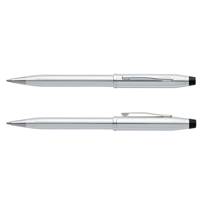 A silver Cross Century II ballpoint pen with a sleek design and a black tip and clip.