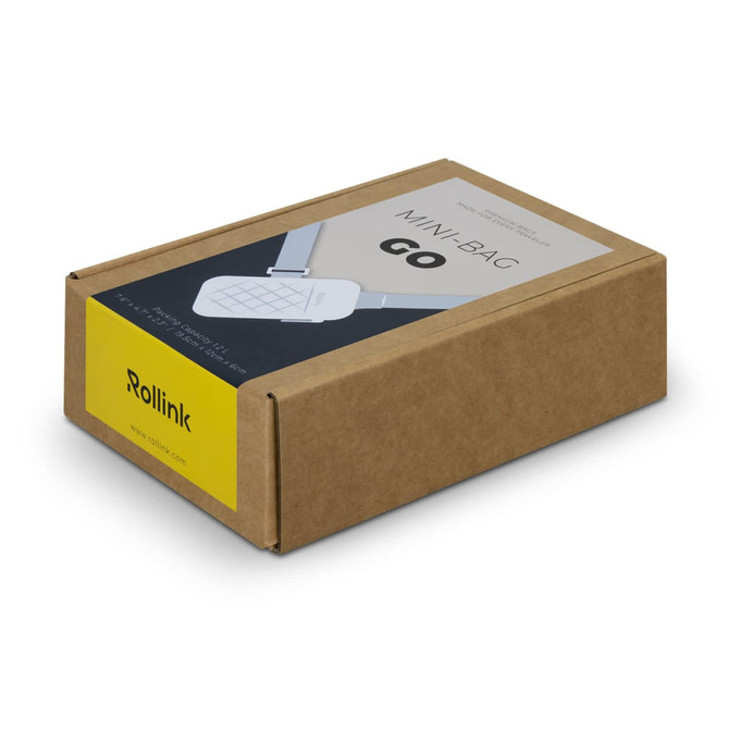 A brown cardboard box containing a compact, white product with a logo, labelled "Mini Bag Go".
