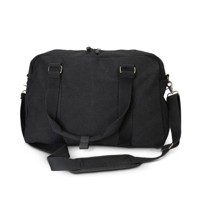 A black canvas duffle bag with dual handles and a removable shoulder strap, featuring a logo.