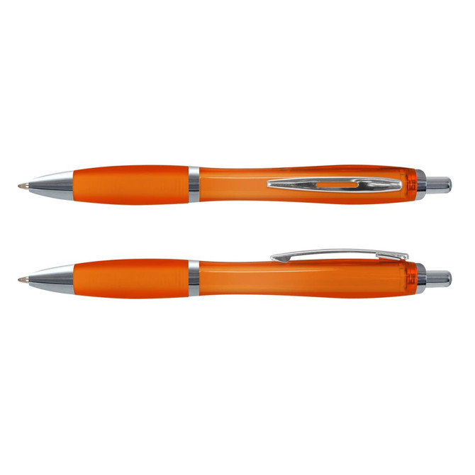 Translucent orange plastic pens with silver accents, featuring a clip and retractable design, laid side by side.