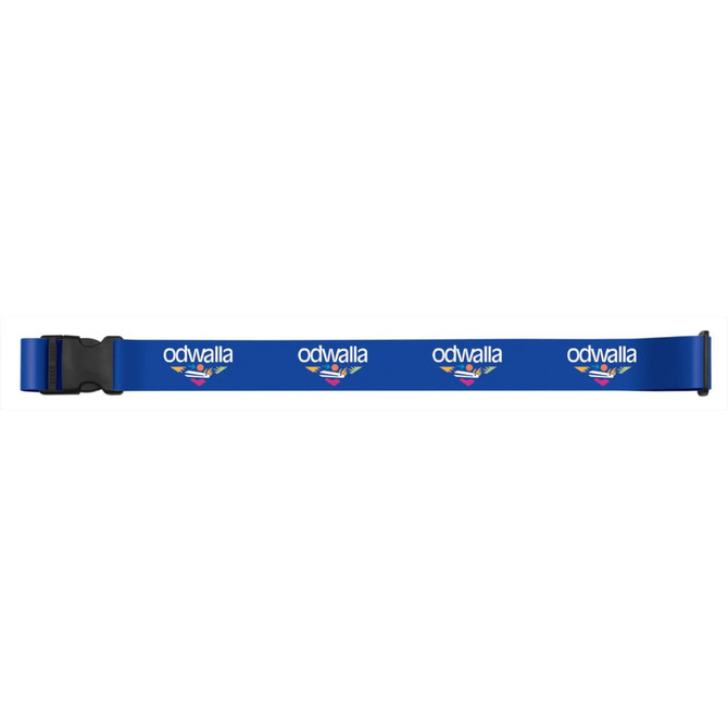 A blue luggage strap featuring a logo and a buckle for secure fastening.