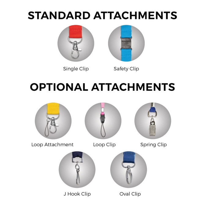 A promotional Crest Lanyard in various colours with standard and optional attachment types shown.