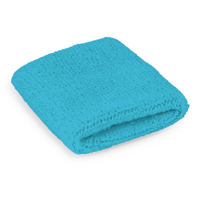 A folded turquoise wrist sweat band, made of soft, textured fabric, showcasing a vibrant colour.