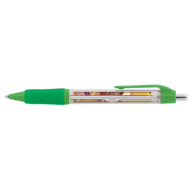 A green Aries Banner Pen featuring a clear barrel and textured grip, showcasing a customizable full-color banner within.