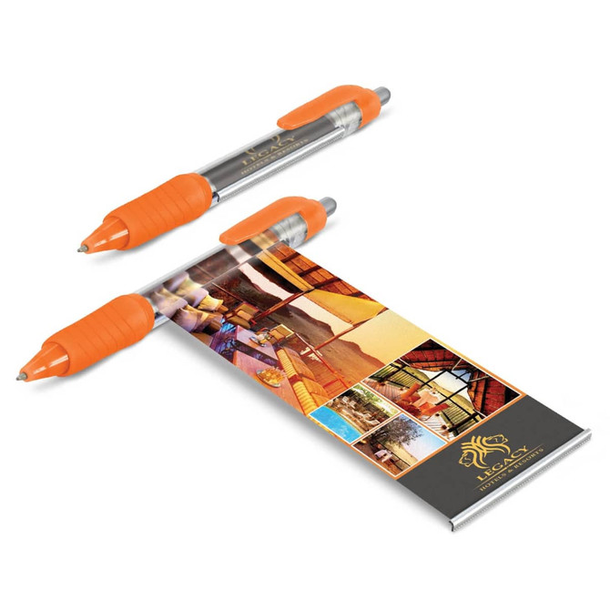 A pair of plastic pens with orange grips and silver bodies, accompanied by a promotional banner.