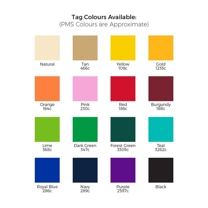 A colour palette featuring various shades, including Natural, Tan, Yellow, Gold, Orange, Pink, Red, Burgundy, Lime, Dark Green, Forest Green, Teal, Royal Blue, Navy, Purple, and Black.