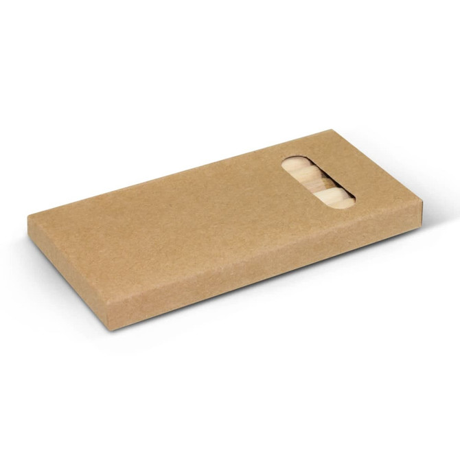A pack of coloured pencils in a simple kraft paper box, featuring a cut-out window to display the pencils inside.