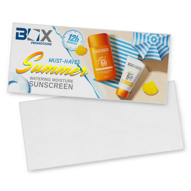 A sunscreen duo in orange and white packaging featuring SPF 50, with a logo and a summer-themed design.