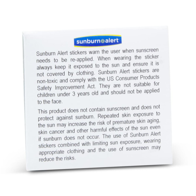 A pack of Sunburn Alert Stickers in a white box. It has a logo and provides information about sun protection.