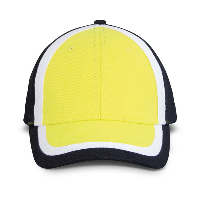 A cap featuring a bright yellow front, a navy blue peak, and white accents, with a logo on the side.