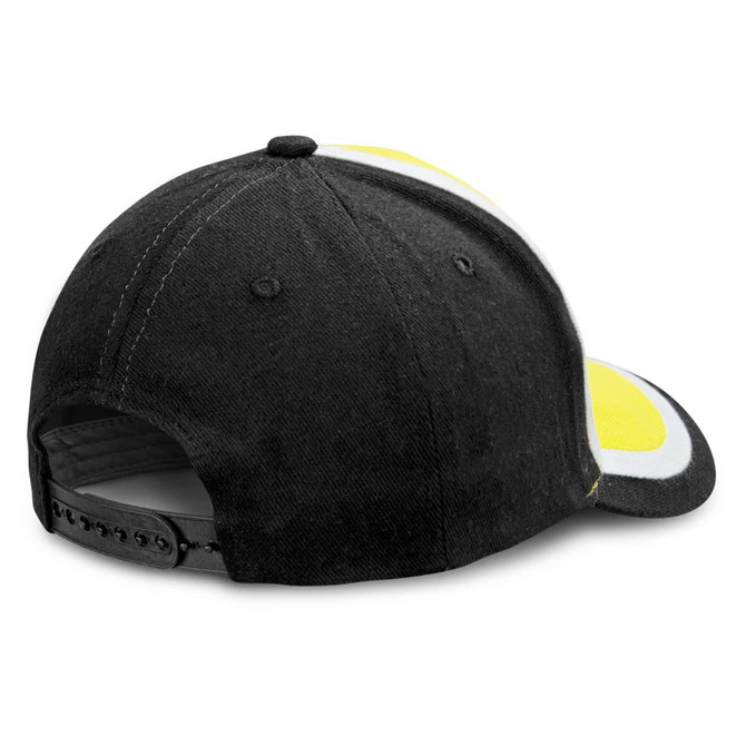 A black cap with a yellow accent and a branded logo on the back.