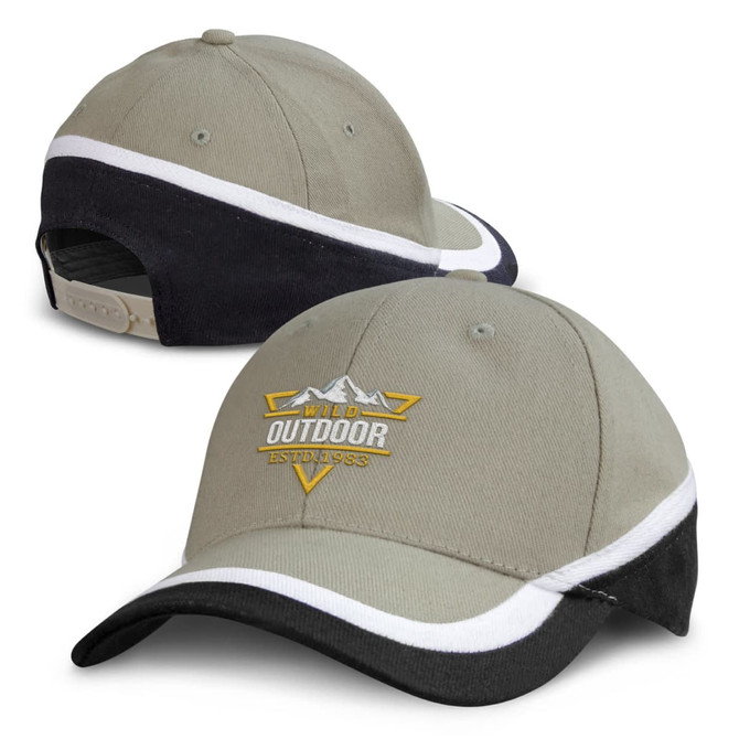 A khaki and black cap with a curved visor, featuring a logo on the front and a contrasting white stripe design.