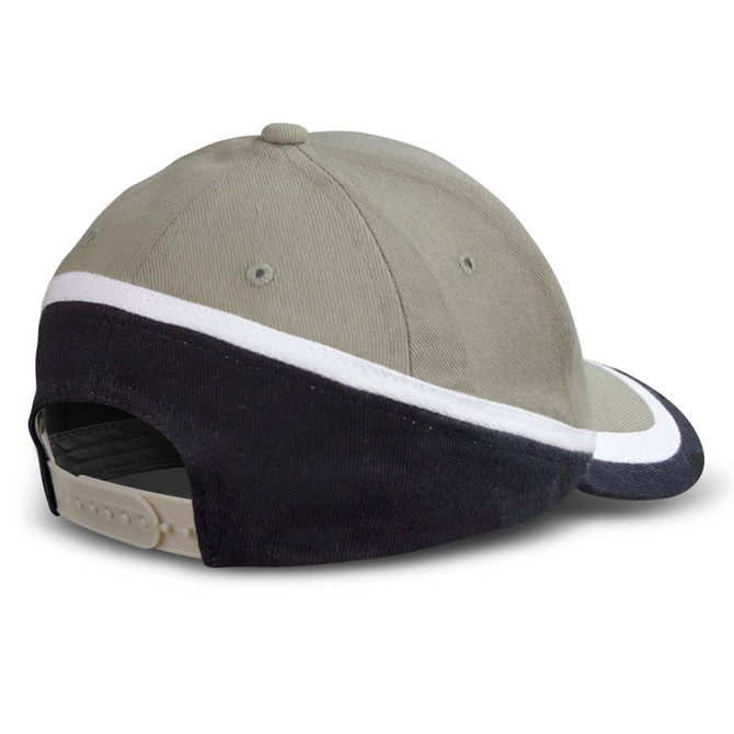 A green and black cap featuring a white stripe and an adjustable back. It has a logo on the side.