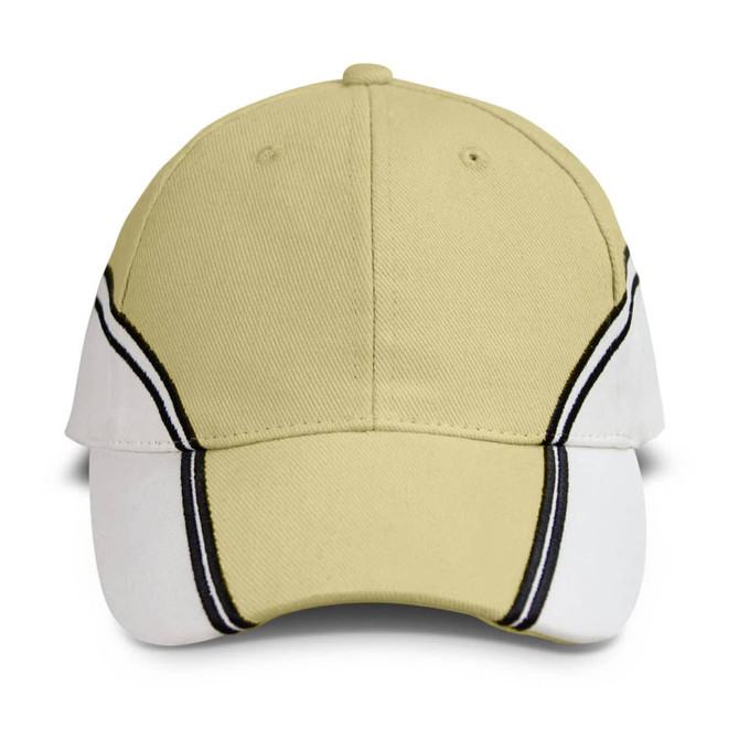 A cap in light cream with white and black detailing, featuring a logo on the front.