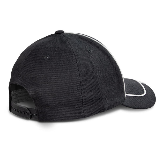 A black cap with a curved brim, featuring a contrasting white detail and an adjustable strap at the back.