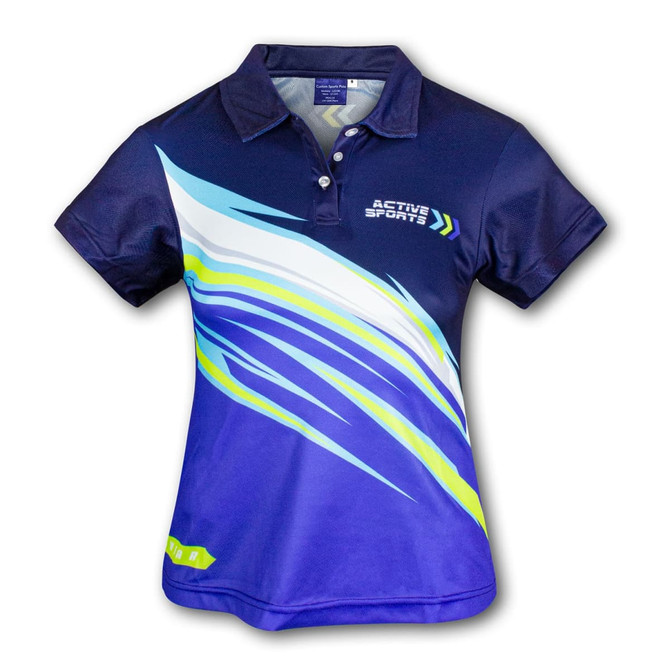 A custom women's sports polo shirt in navy blue with vibrant blue and green wave patterns and a logo.