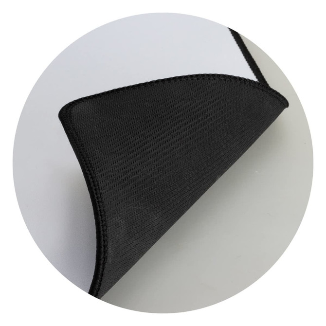 A black gaming mat with a textured surface and stitched edges, featuring a smooth underside.