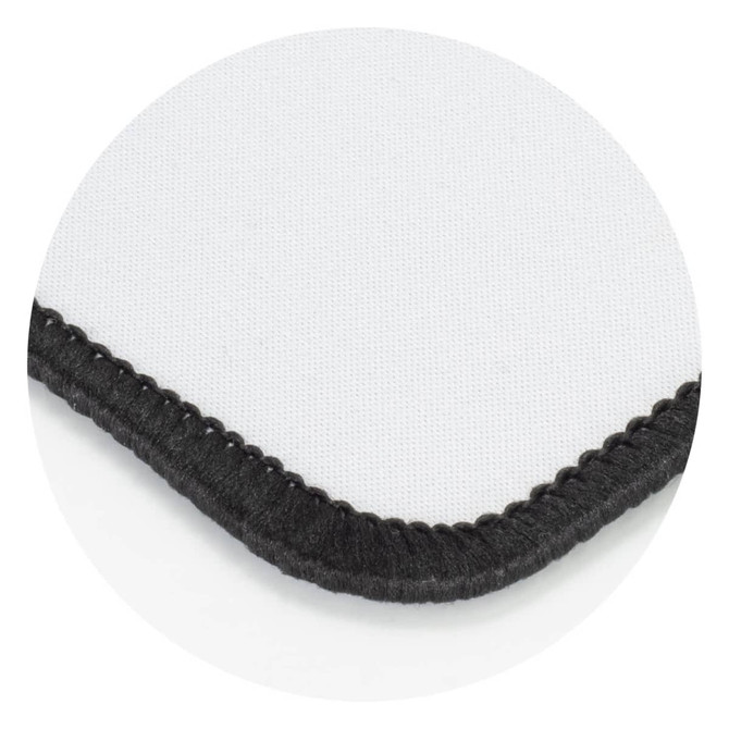 A gaming mat with a white surface and black stitched edges, featuring a textured finish.