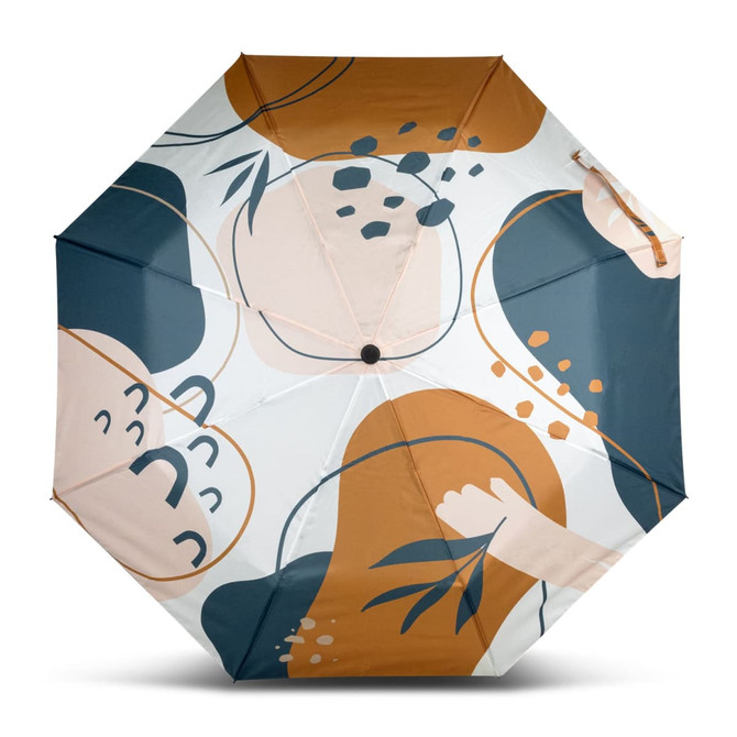 A full colour compact umbrella featuring an abstract design in earthy tones of orange, teal, and beige. It has a logo.