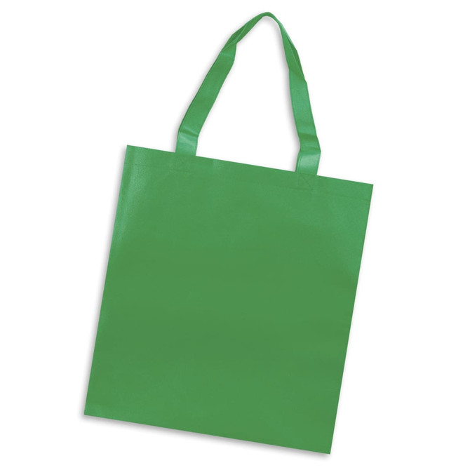 A green tote bag with two handles and a smooth surface, featuring a simple design and a logo.