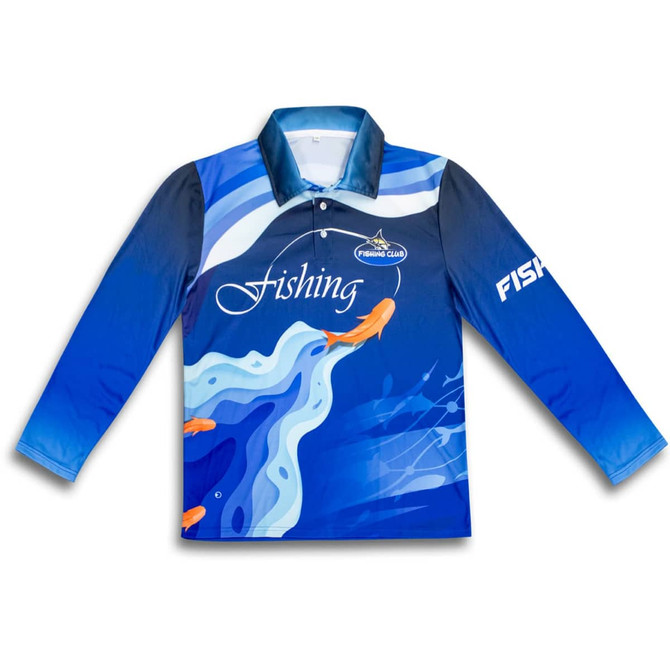 A long-sleeved polo shirt in blue featuring a water-themed design and a logo on the sleeve.