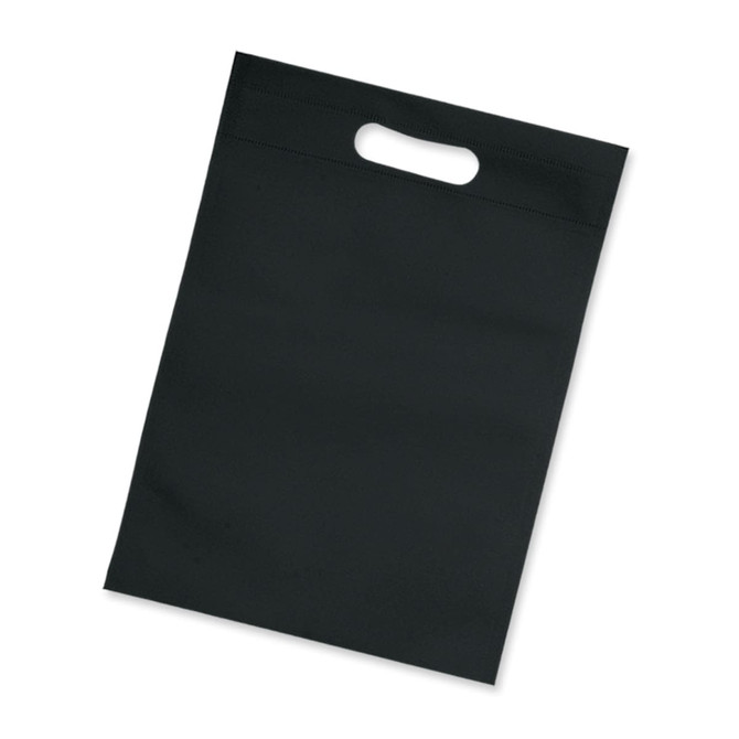 A black tote bag with a simple handle and a smooth surface, featuring a logo.