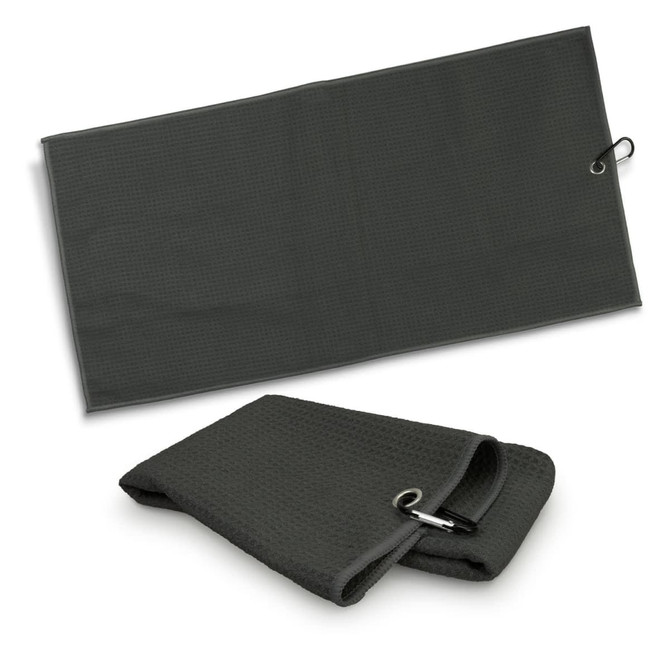 A dark grey waffle golf towel, featuring a hook for attachment, displayed unfolded and folded.