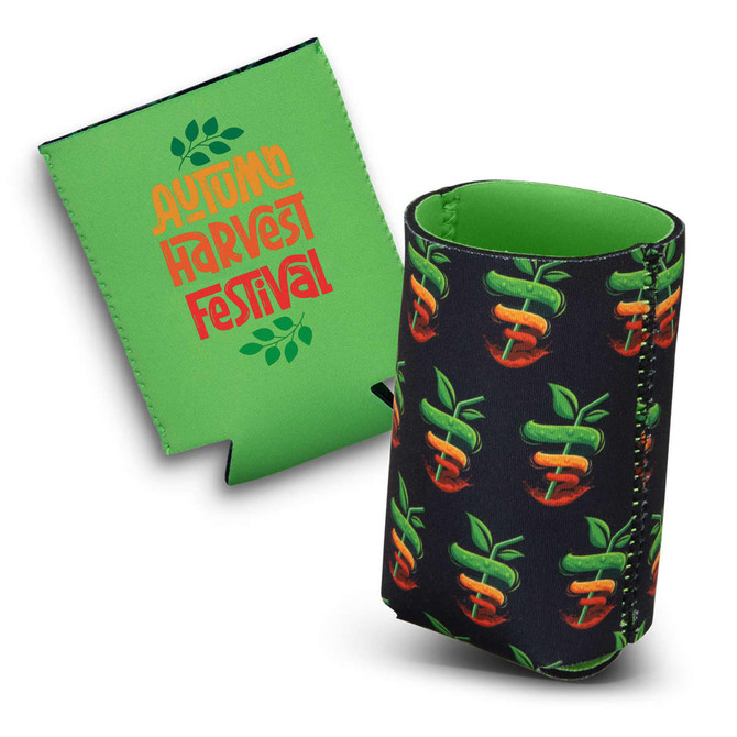 A drink bottle cooler featuring a green exterior and a black interior, decorated with apple graphics and a logo.