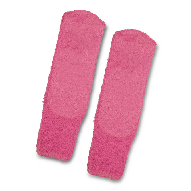 Fluffy Grip Socks in a gradient of pink shades, featuring a soft texture and a logo on one sock.