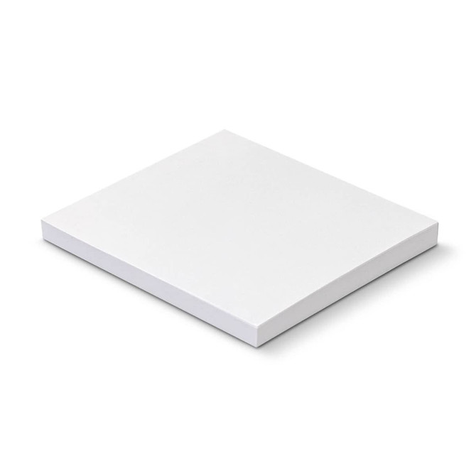 A white square sticky pad, 70 x 75mm, featuring 50 sheets and a simple design with branding.