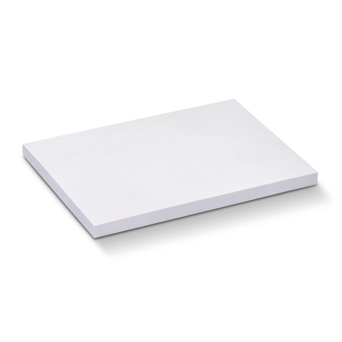 A white sticky pad featuring 50 sheets, measuring 100 x 75mm, with a smooth edge and a plain surface.