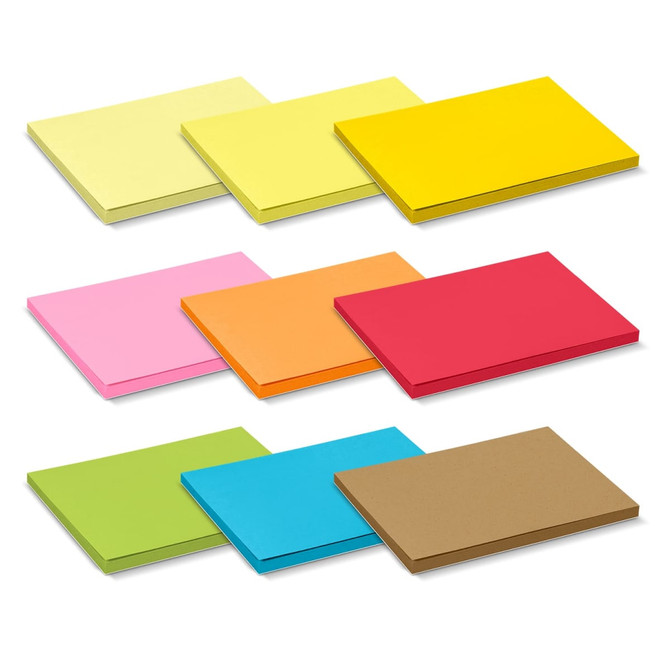 A variety of coloured sticky pads in yellow, pink, orange, green, red, and brown. Each pad contains 50 sheets.