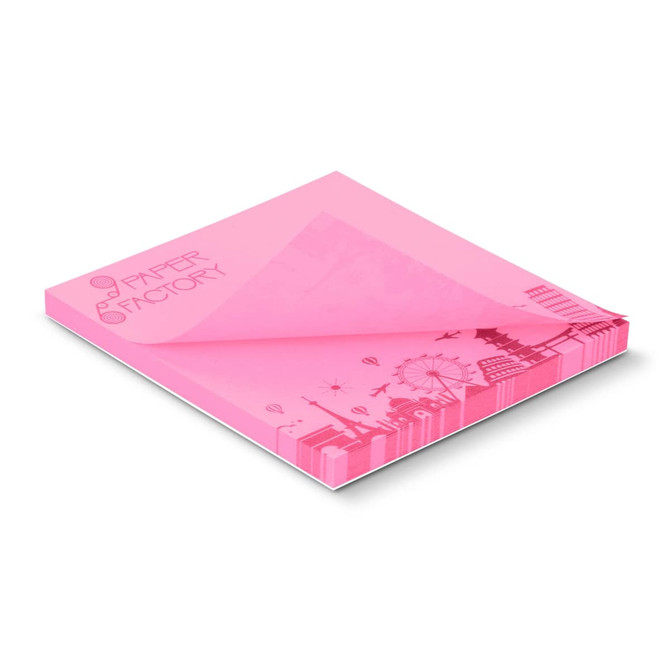 A pink sticky pad featuring a design, measuring 70 x 75mm, with 50 sheets and a branding logo.