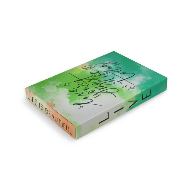 A green and orange box of Custom Jumbo Cards with a stylised design and a logo on the side.