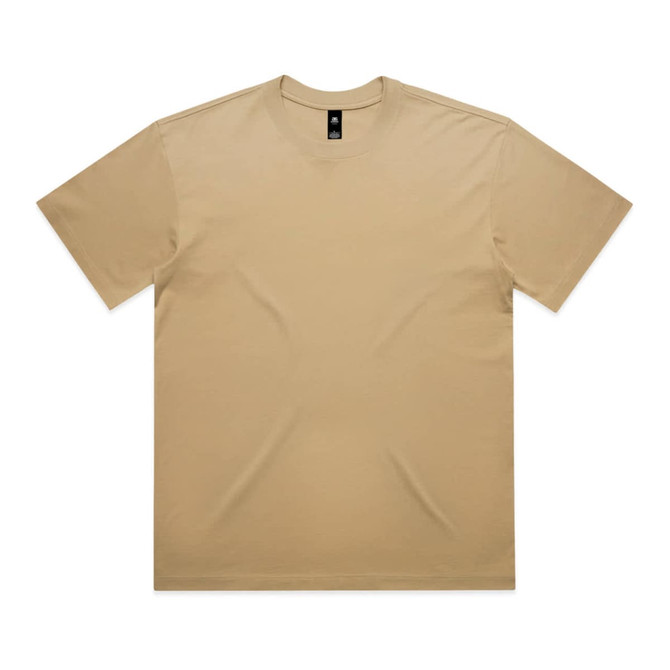 A beige t-shirt with short sleeves and a solid design, featuring a logo on the neckline.