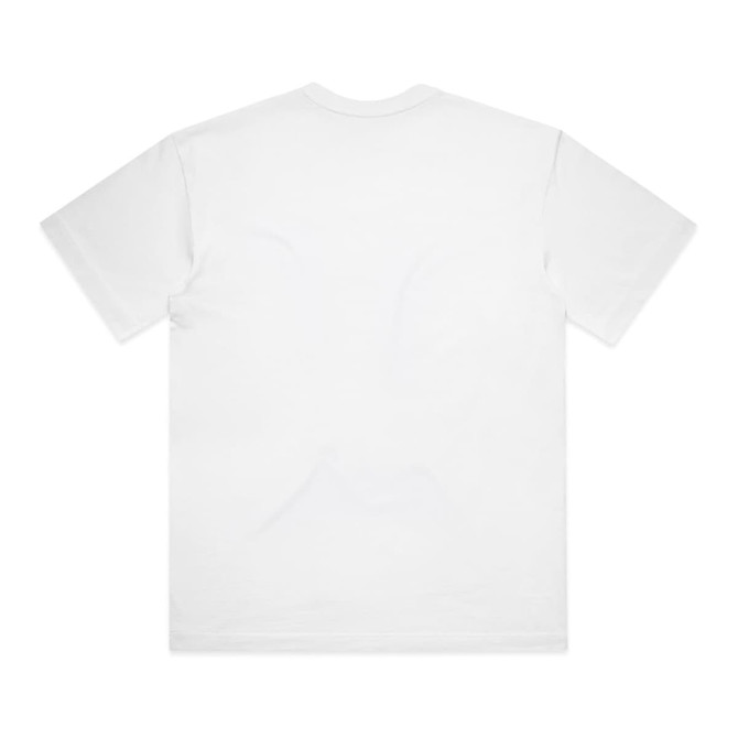 A white t-shirt with a plain back and short sleeves. The shirt features a logo.