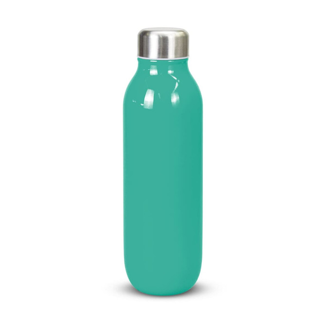 A drink bottle in a vibrant turquoise colour with a metallic screw top and sleek design.